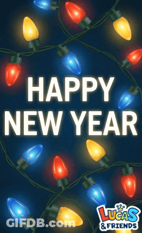 A Lucas & Friends Greeting Card With Colorful Christmas Lights GIF