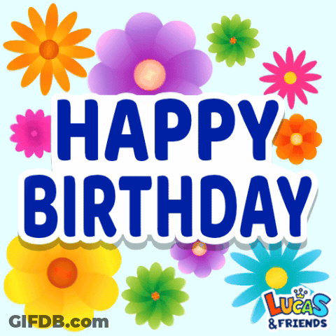 A Lucas & Friends Greeting Card With Colorful Flowers GIF