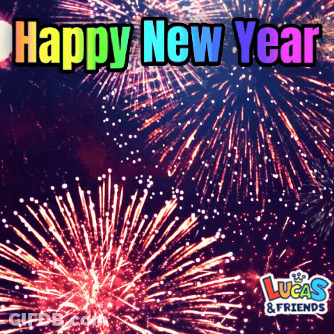 A Lucas & Friends Greeting Card With Fireworks And The Words Happy New Year GIF