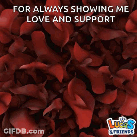 A Lucas & Friends Greeting Card With Red Rose Petals Surrounding The Words Thank You GIF