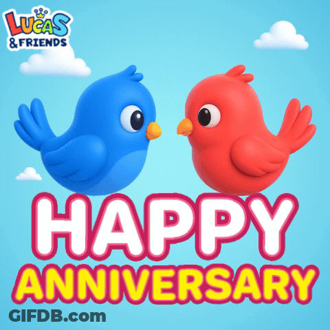 A Lucas & Friends Happy Anniversary Greeting Card With Two Birds GIF