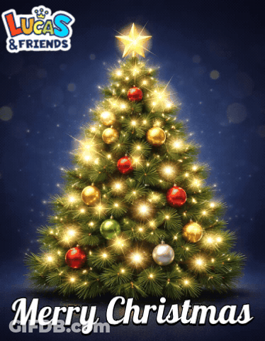 A Lucas & Friends Merry Christmas Poster With A Christmas Tree GIF