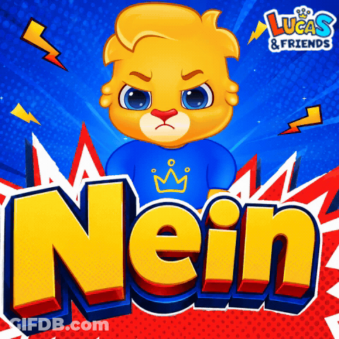 A Lucas & Friends Poster With A Cartoon Character And The Name Nein GIF