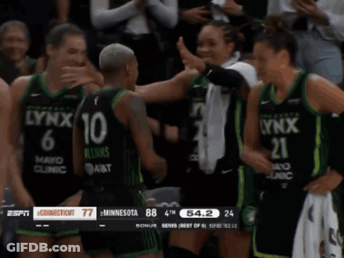 A Lynx Player Is Hugging Another Player During A Basketball Game GIF