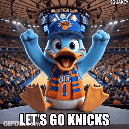 A Madison Square Garden Poster With A Duck Wearing A Nick 1 Jersey GIF