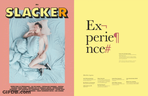 A Magazine Called Slacker Has A Picture Of A Man Laying On A Bed GIF