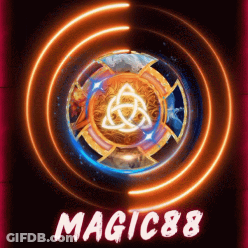 A Magic88 Logo With A Celtic Knot In The Center GIF