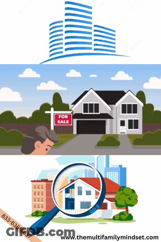 A Magnifying Glass Is Looking At A House With A For Sale Sign In The Background GIF