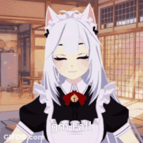 A Maid With White Hair And Cat Ears Says " Gm Fall " On Her Face GIF