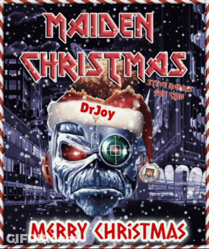 A Maiden Christmas Poster With A Man Wearing A Santa Hat On It GIF
