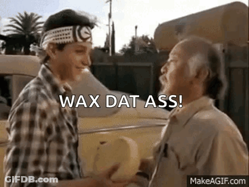 A Man And A Boy Are Shaking Hands In Front Of A Car And The Boy Is Saying `` Wax Dat Ass '' . GIF