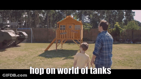 A Man And A Boy Are Standing In Front Of A Wooden Playhouse With The Words Hop On World Of Tanks Above Them GIF