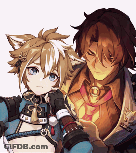 A Man And A Boy Are Standing Next To Each Other And One Of The Boys Has A Badge On His Jacket That Says Loft GIF
