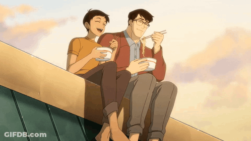 A Man And A Boy Sitting On A Ledge Eating Noodles GIF
