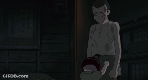 A Man And A Child Are Standing In A Dark Room With Chinese Writing On The Wall GIF