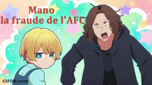 A Man And A Child Are Standing Next To Each Other With The Words Mano La Fraude De L' Afc Above Them GIF