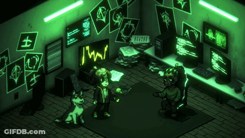 A Man And A Dog Are Standing In Front Of A Computer Screen That Says ' I 'M / ' GIF