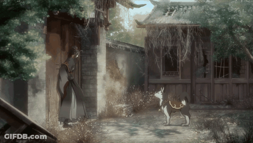 A Man And A Dog Are Standing In Front Of A House GIF