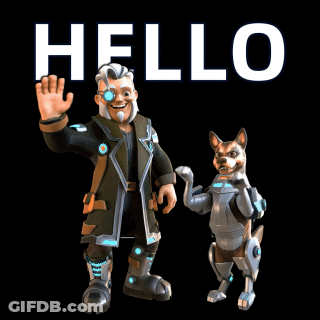 A Man And A Dog Are Standing Next To Each Other With The Word Hello Above Them GIF