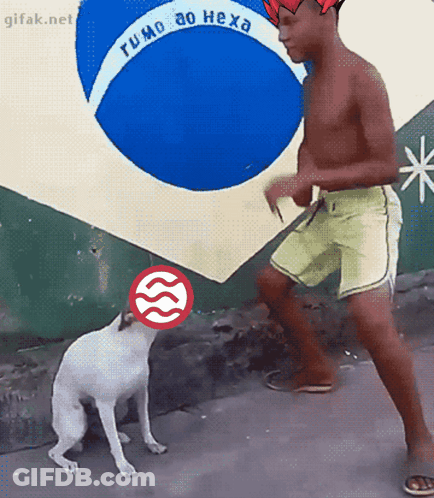 A Man And A Dog Standing In Front Of A Flag That Says " Fumo Ao Hexa " GIF