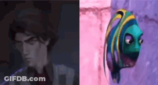 A Man And A Fish Are Standing Next To Each Other Next To A Wall . GIF