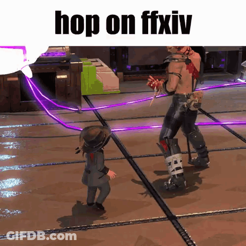 A Man And A Girl Are Dancing In A Video Game With The Words Hop On Ffxiv Above Them GIF