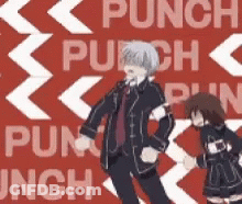 A Man And A Girl Are Dancing In Front Of A Red Background That Says Punch Punch GIF