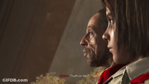 A Man And A Girl Are Looking At Each Other And The Girl Asks The Man If He Is Truth Or Lies GIF