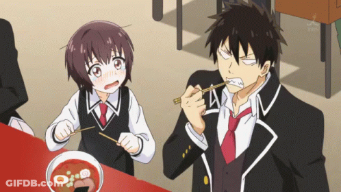 A Man And A Girl Are Sitting At A Table Eating Food With Chopsticks GIF