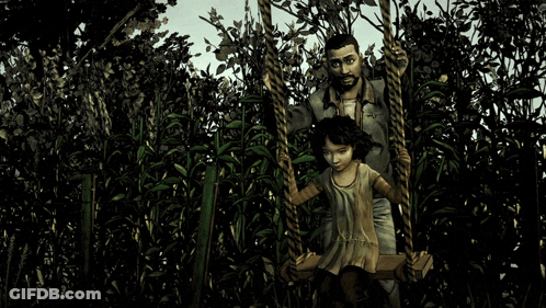 A Man And A Girl Are Sitting On A Swing In A Dark Forest GIF