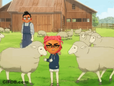 A Man And A Girl Are Standing In A Field With Sheep GIF