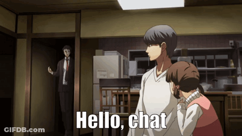 A Man And A Girl Are Standing In A Room With The Words Hello Chat On The Screen GIF