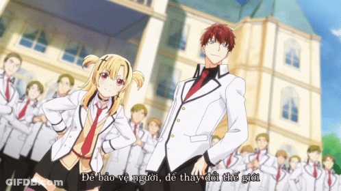 A Man And A Girl Are Standing In Front Of A Group Of People With The Words De Bao Ve Ngoi GIF