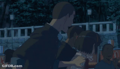 A Man And A Girl Are Standing In Front Of A Sign That Says No Dogs GIF