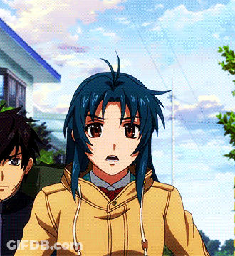 A Man And A Girl Are Standing Next To Each Other And The Girl Has Blue Hair GIF