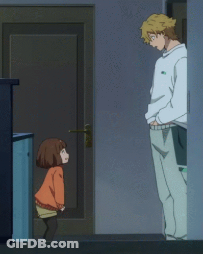 A Man And A Girl Are Standing Next To Each Other In Front Of A Door GIF