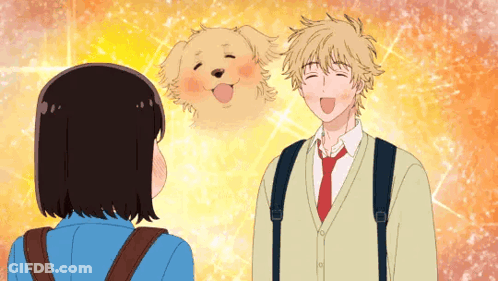 A Man And A Girl Are Standing Next To Each Other With A Dog Flying In The Background GIF