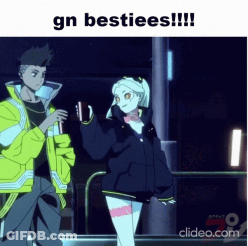 A Man And A Girl Are Standing Next To Each Other With The Words Gn Besties Written Above Them GIF