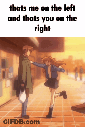 A Man And A Girl Are Standing Next To Each Other With The Words Thats Me On The Left And Thats You On The Right Above Th GIF