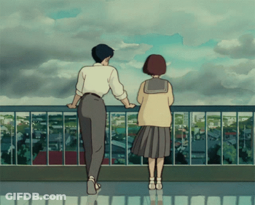 Man And Girl Standing On Balcony Looking At City GIF
