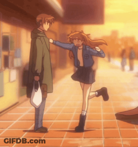 A Man And A Girl Are Standing On A Sidewalk And The Girl Is Wearing A Blue Jacket With The Letter S On It GIF