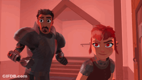 A Man And A Girl Standing Next To Each Other In A Hallway GIF