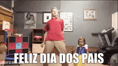 A Man And A Little Girl Are Dancing In A Room With The Words " Feliz Dia Dos Pais " Written On The Bottom GIF
