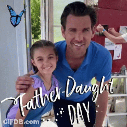 A Man And A Little Girl Are Posing For A Picture And The Caption Says Father-Daughter Day GIF