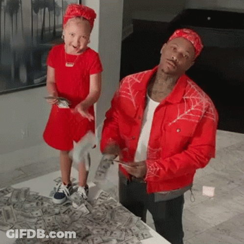 A Man And A Little Girl Are Standing Next To Each Other On A Pile Of Money . GIF
