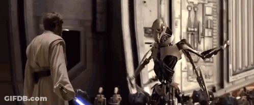 A Man And A Robot Are Standing Next To Each Other In A Room In A Star Wars Movie . GIF
