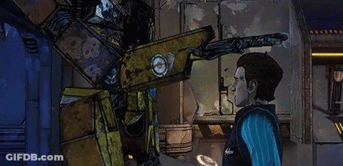 A Man And A Robot Are Standing Next To Each Other In A Room In A Video Game . GIF