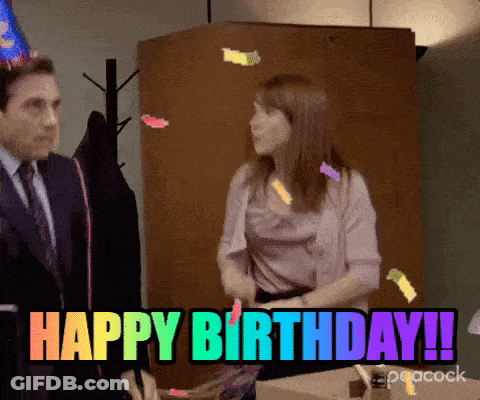 A Man And A Woman Are Celebrating A Birthday With Confetti Falling Around Them And The Words Happy Birthday ! GIF
