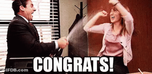 A Man And A Woman Are Celebrating With A Congratulations . GIF