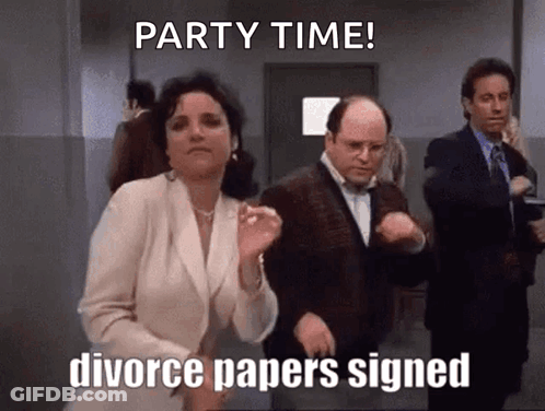 A Man And A Woman Are Dancing In A Hallway With The Words Party Time Divorce Papers Signed On The Bottom GIF
